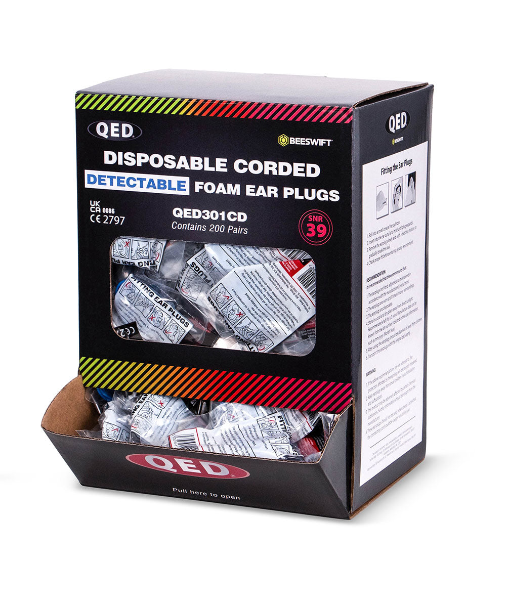 QED Disposable Ear Plugs (Box of 200 pairs) Individual packs, Corded