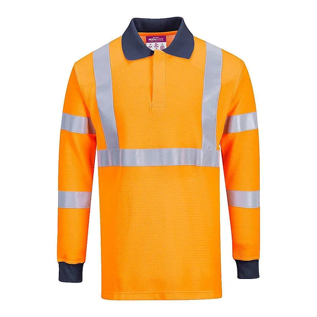 FR76 Orange Flame Resistant Anti-Static Hi-Vis Long Sleeve Polo Shirt